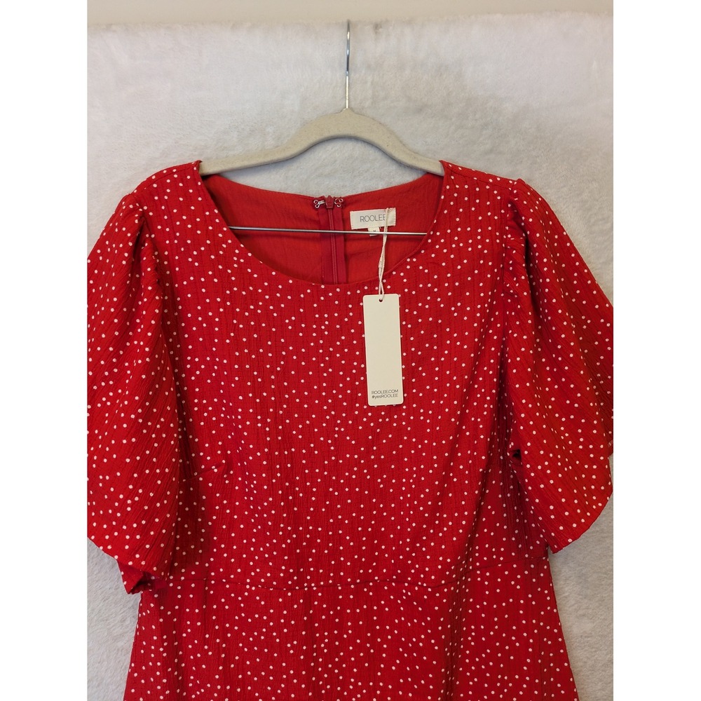 NEW Roolee Midi Dress Women's Medium Red Polka Dot Flutter Sleeve - Picture 3 of 12